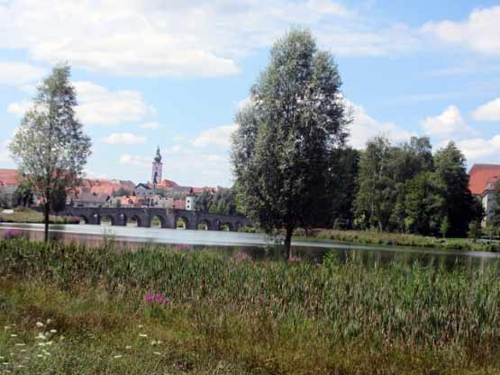 Tirschenreuth mit Teich, Steinbrücke und Kirche